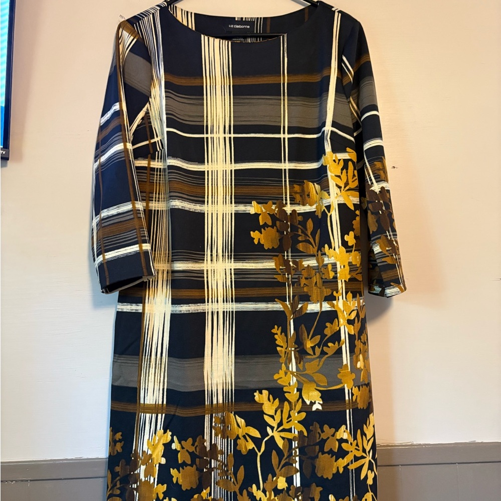 Liz Claiborne Navy and Gold Long Sleeve Dress